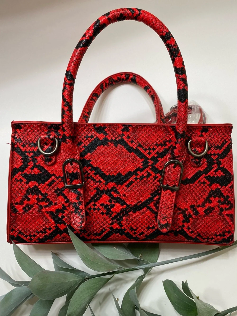 Ed Hardy Red and Black Snake-Print Top Handle Satchel